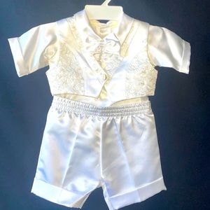 Baby boy all white satin 3 piece suit vest has gold pattern